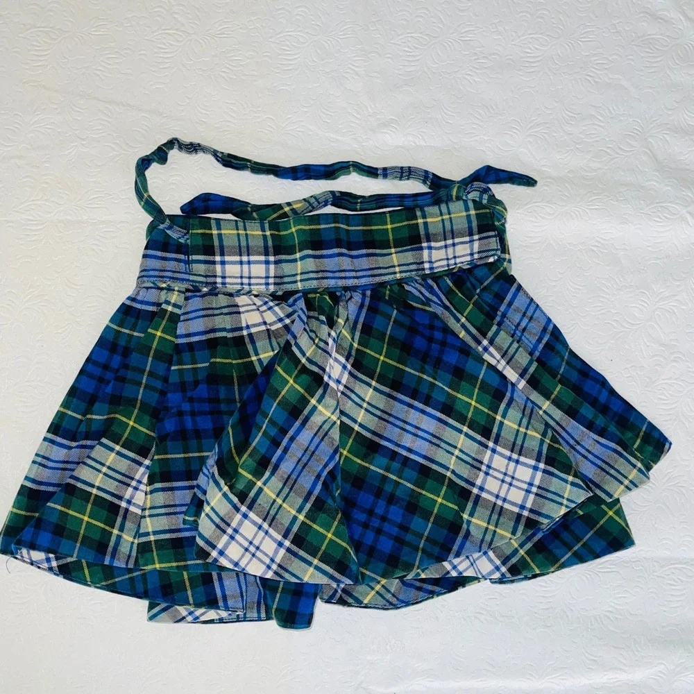 Ralph Lauren Toddler Girl Plaid Pleated Skirt 3T Blue Green Tie-Waist Preppy